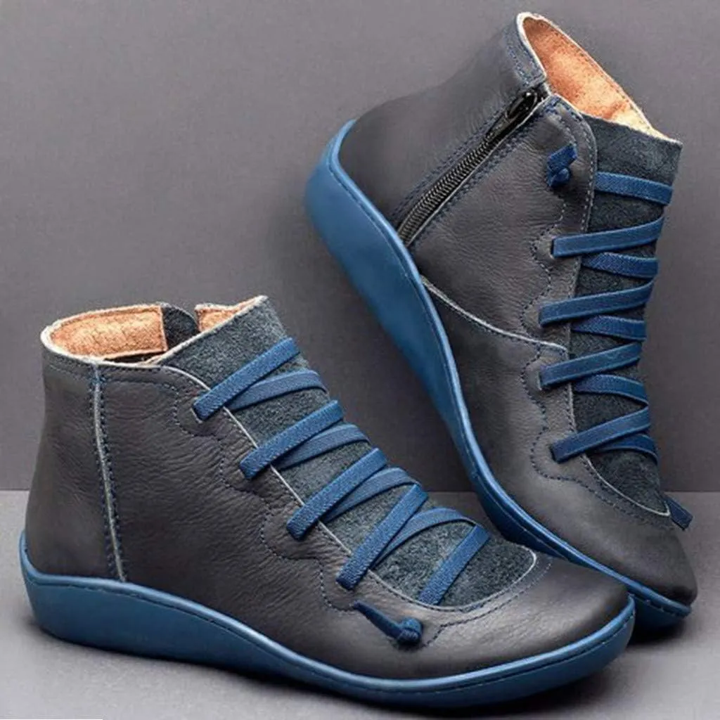 AMDBEL Boots for Women Ankle Booties, Women's Boots Slip on Flat Boots Arch Support Lace up Retro Booties Winter Fall Shoes