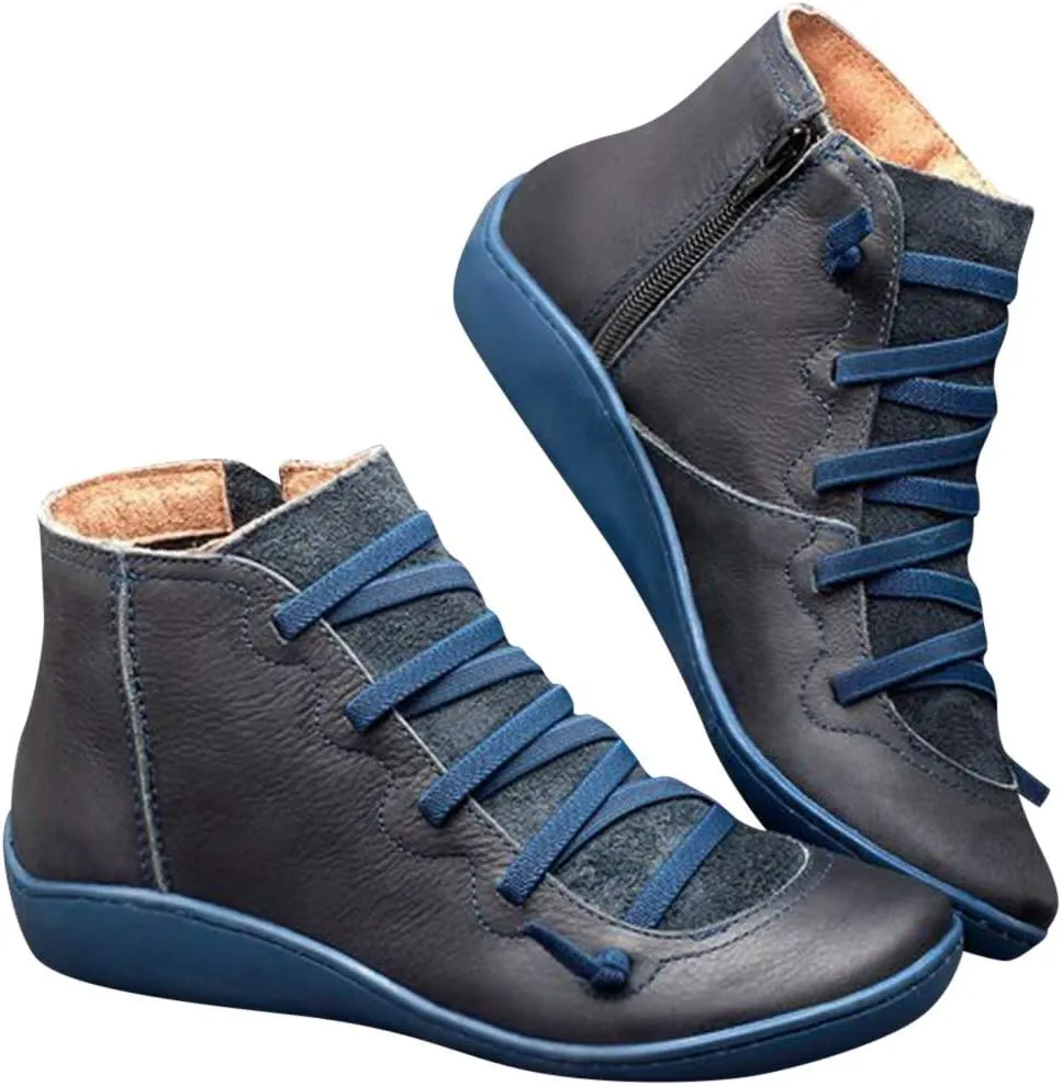 AMDBEL Boots for Women Ankle Booties, Women's Boots Slip on Flat Boots Arch Support Lace up Retro Booties Winter Fall Shoes