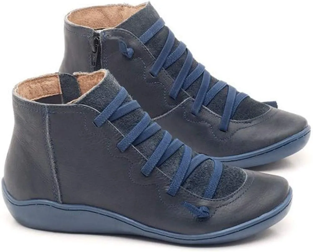 AMDBEL Boots for Women Ankle Booties, Women's Boots Slip on Flat Boots Arch Support Lace up Retro Booties Winter Fall Shoes
