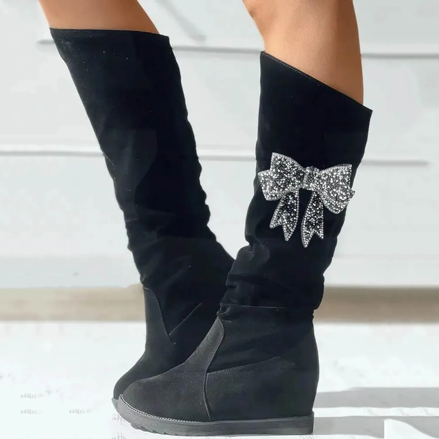 AMDBEL Boots for Women Knee High Wide Calf Boots Sexy Wedge Heel Boots Fashion Slip on Suede Long Boots Fall Winter Shoes