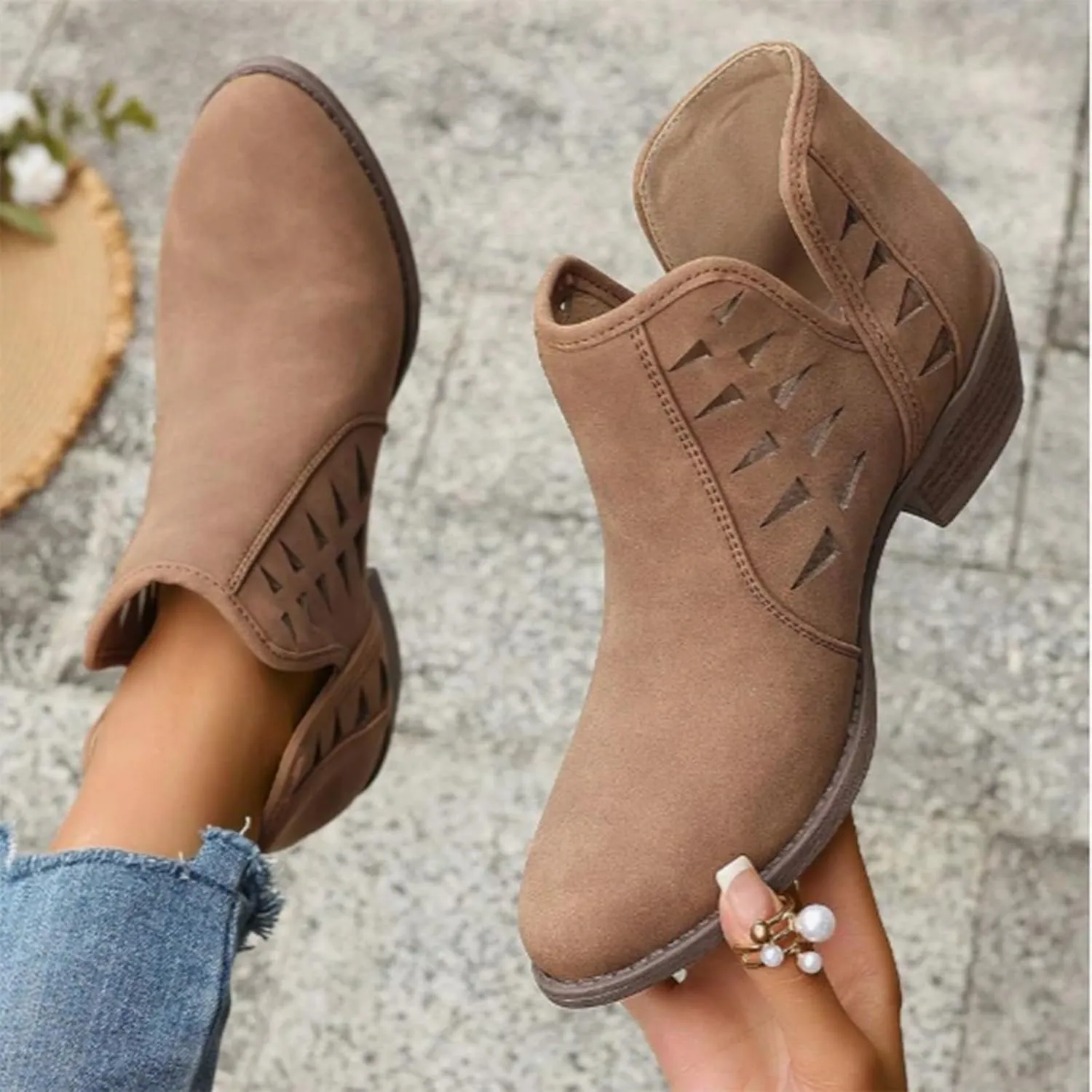 AMDBEL Fall Boots for Women 2024, Women's Ankle Boots Low Heel Round Toe Hollow Out Boots Casual Ladies Walking Booties