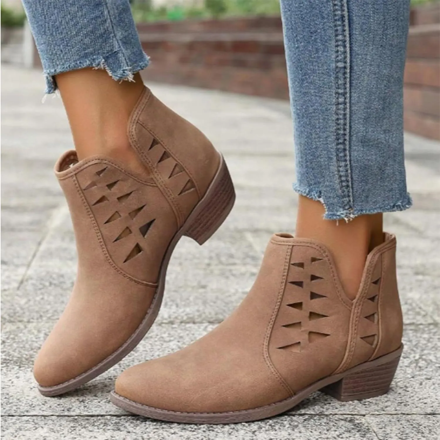 AMDBEL Fall Boots for Women 2024, Women's Ankle Boots Low Heel Round Toe Hollow Out Boots Casual Ladies Walking Booties