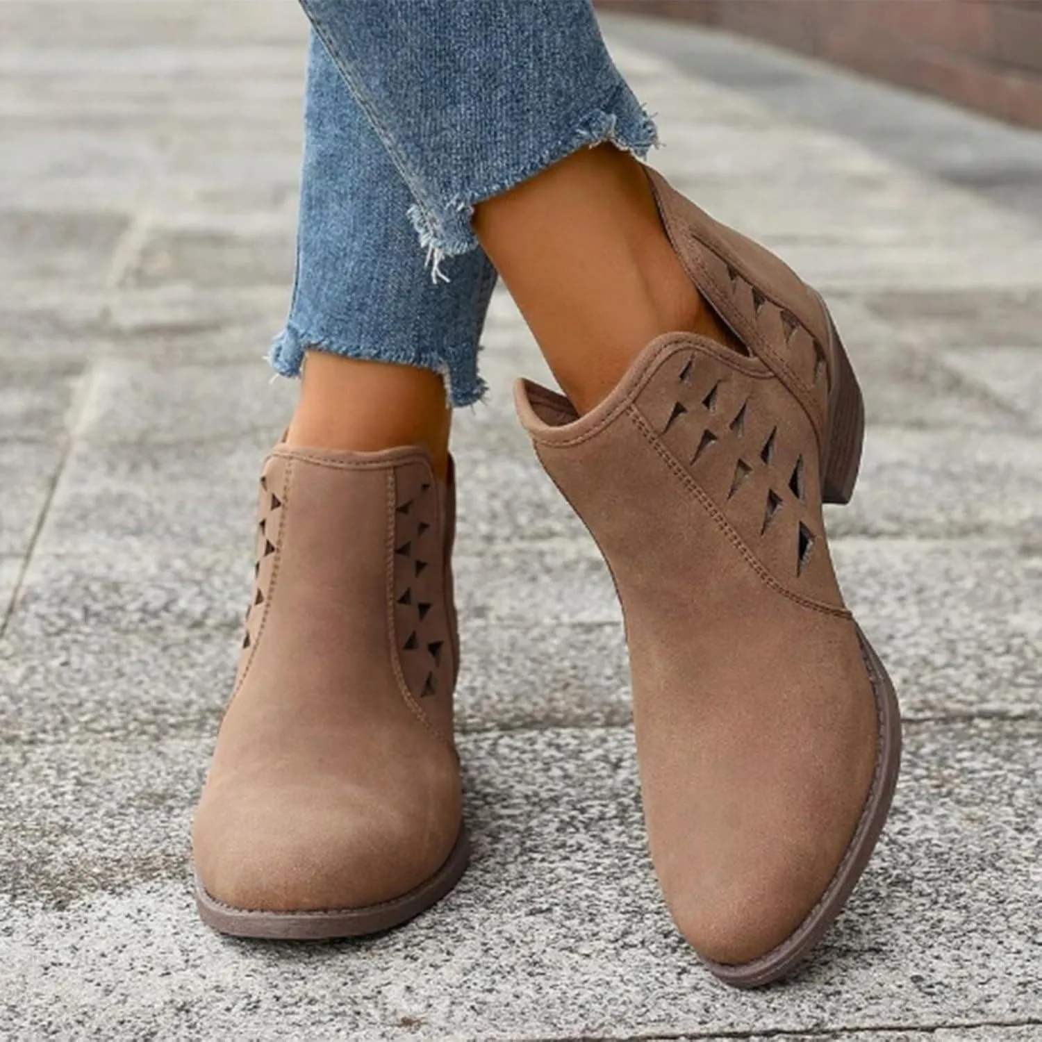 AMDBEL Fall Boots for Women 2024, Women's Ankle Boots Low Heel Round Toe Hollow Out Boots Casual Ladies Walking Booties