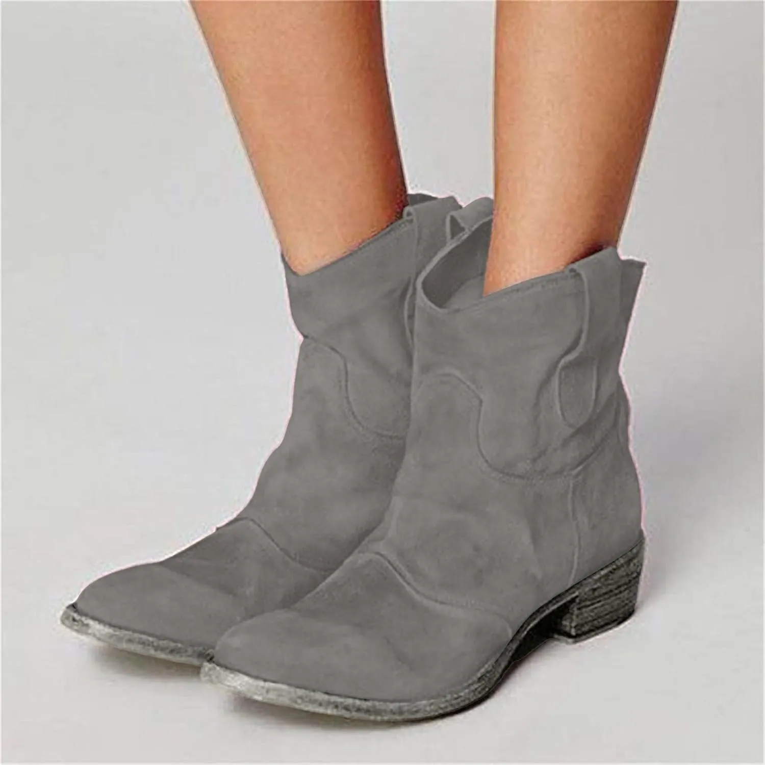 AMDBEL Winter Boots for Women 2024 Ankle Boots Chunky Low Heel Suede Mid Calf Zipper Cowboy Boots Winter Booties