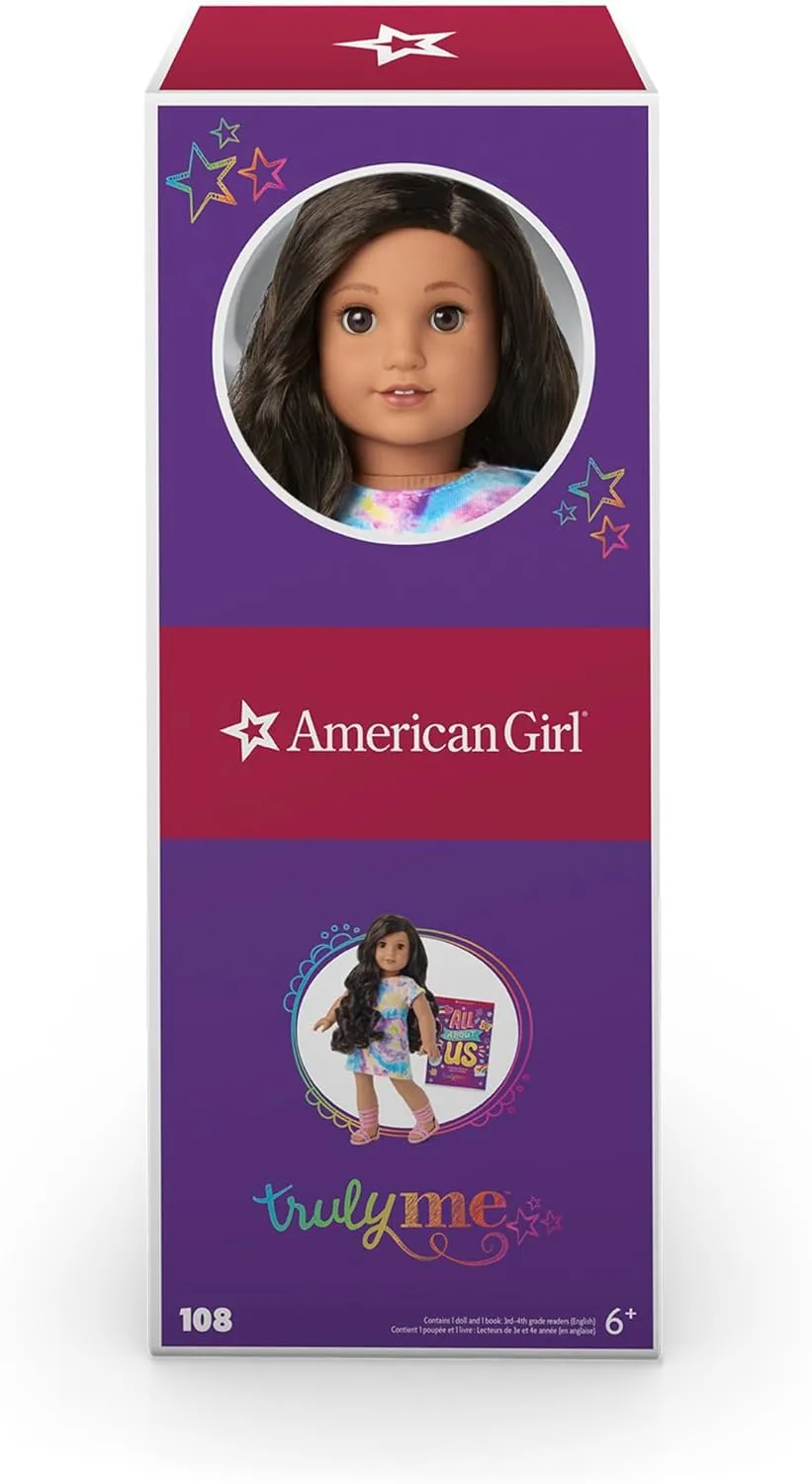 American Girl Truly Me 18-inch Doll #108 with Brown Eyes, Black-Brown Hair, Tan Skin, Tie Dye T-Shirt Dress, For Ages 6 