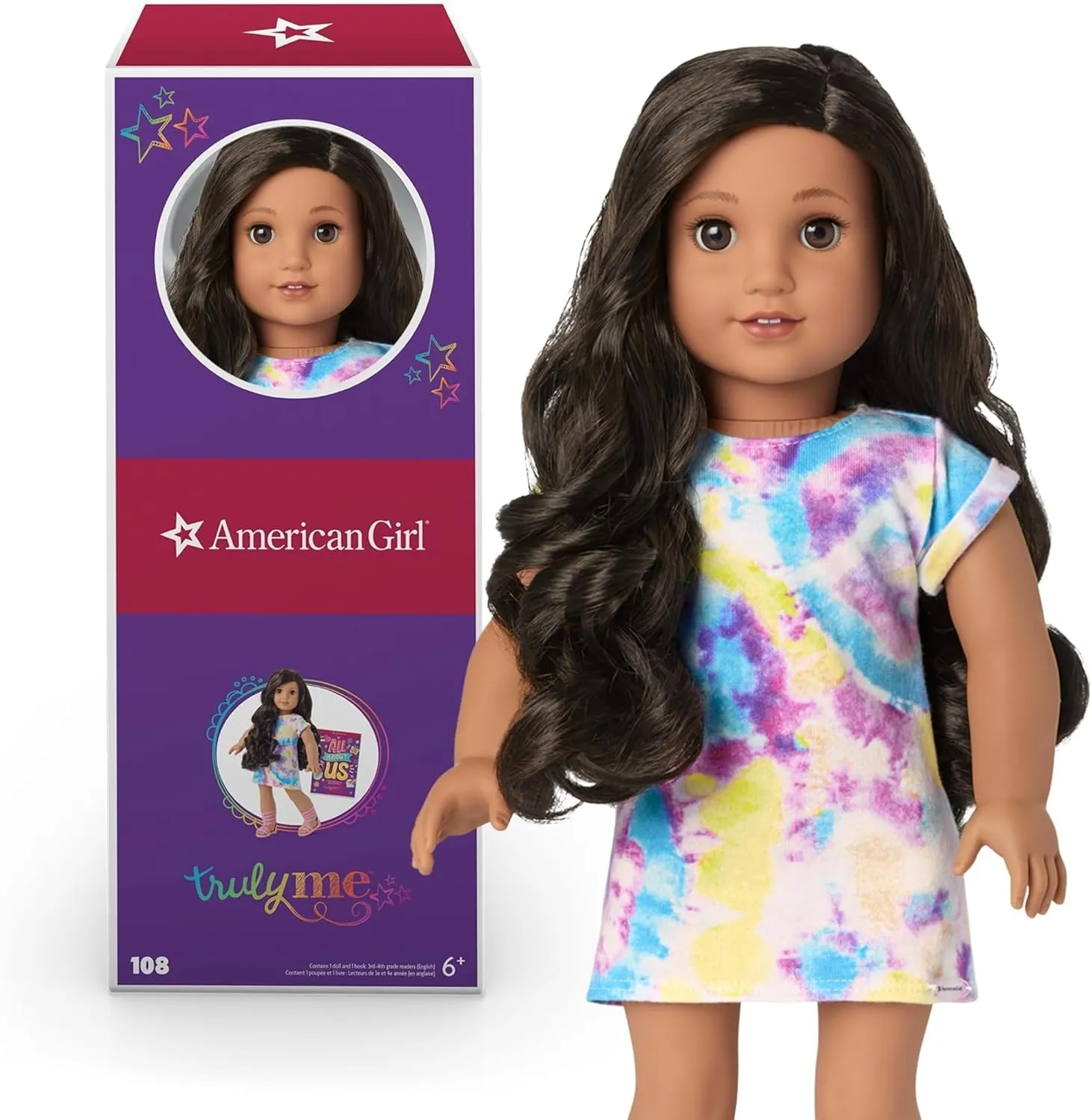 American Girl Truly Me 18-inch Doll #108 with Brown Eyes, Black-Brown Hair, Tan Skin, Tie Dye T-Shirt Dress, For Ages 6 
