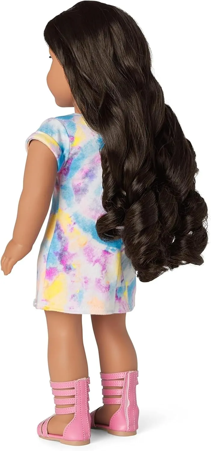 American Girl Truly Me 18-inch Doll #108 with Brown Eyes, Black-Brown Hair, Tan Skin, Tie Dye T-Shirt Dress, For Ages 6 
