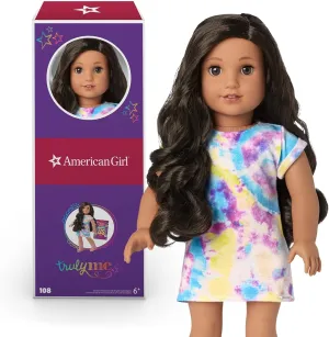 American Girl Truly Me 18-inch Doll #108 with Brown Eyes, Black-Brown Hair, Tan Skin, Tie Dye T-Shirt Dress, For Ages 6 