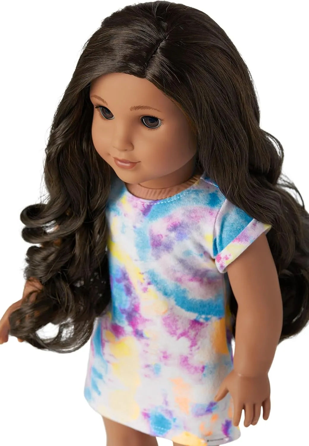 American Girl Truly Me 18-inch Doll #108 with Brown Eyes, Black-Brown Hair, Tan Skin, Tie Dye T-Shirt Dress, For Ages 6 