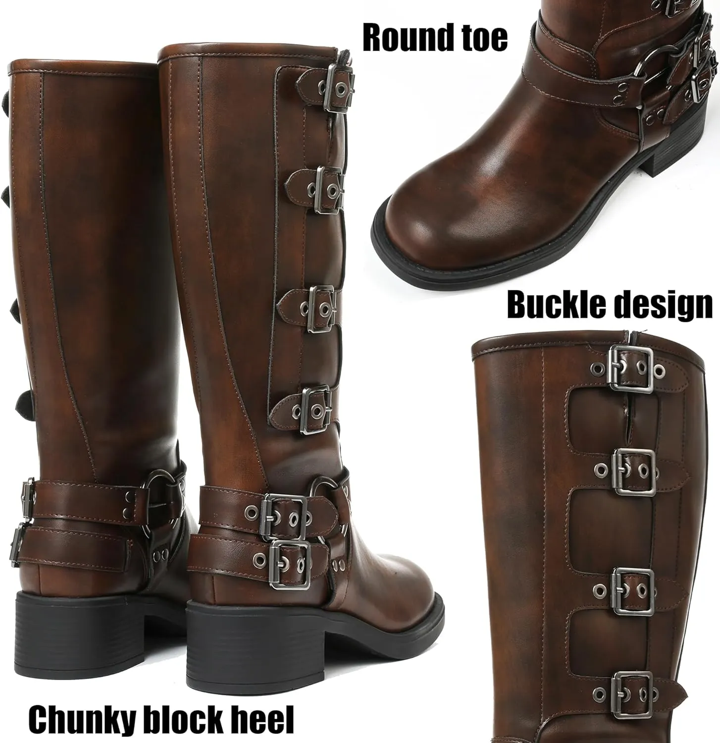 AMINUGAL Knee High Boots Women Square Toe Pull On Wide Calf Riding Fashion Buckles Chunky Metallic Casual Vintage Buckle Rivet