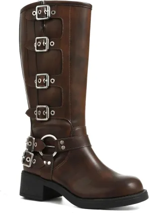 AMINUGAL Knee High Boots Women Square Toe Pull On Wide Calf Riding Fashion Buckles Chunky Metallic Casual Vintage Buckle Rivet