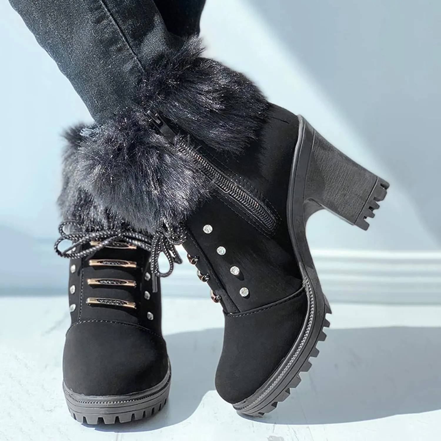 Aniywn Ankle Boots,Women Winter Chunky High Heels Boots Fall Combat Lace Up Booties Platform Shoes