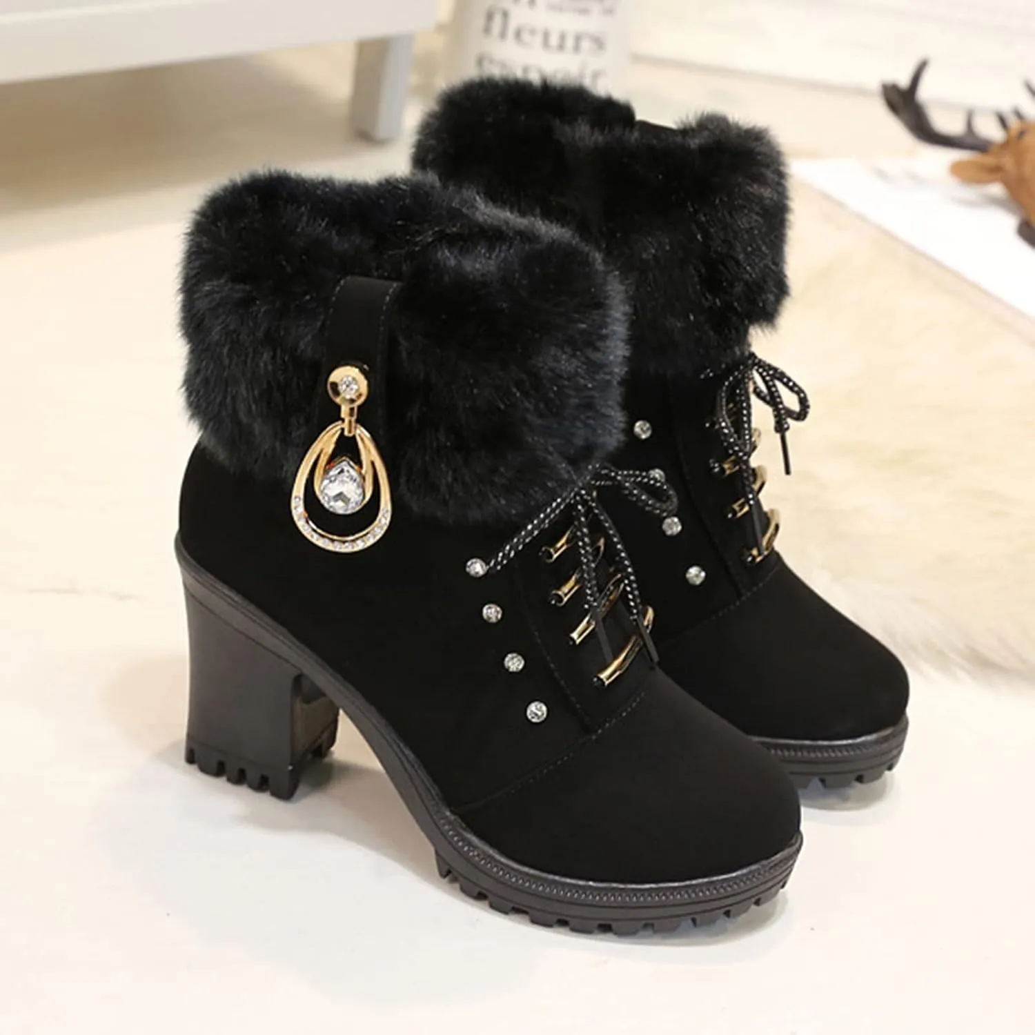 Aniywn Ankle Boots,Women Winter Chunky High Heels Boots Fall Combat Lace Up Booties Platform Shoes