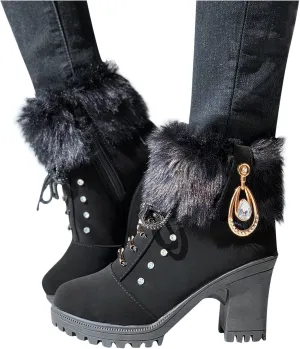 Aniywn Ankle Boots,Women Winter Chunky High Heels Boots Fall Combat Lace Up Booties Platform Shoes