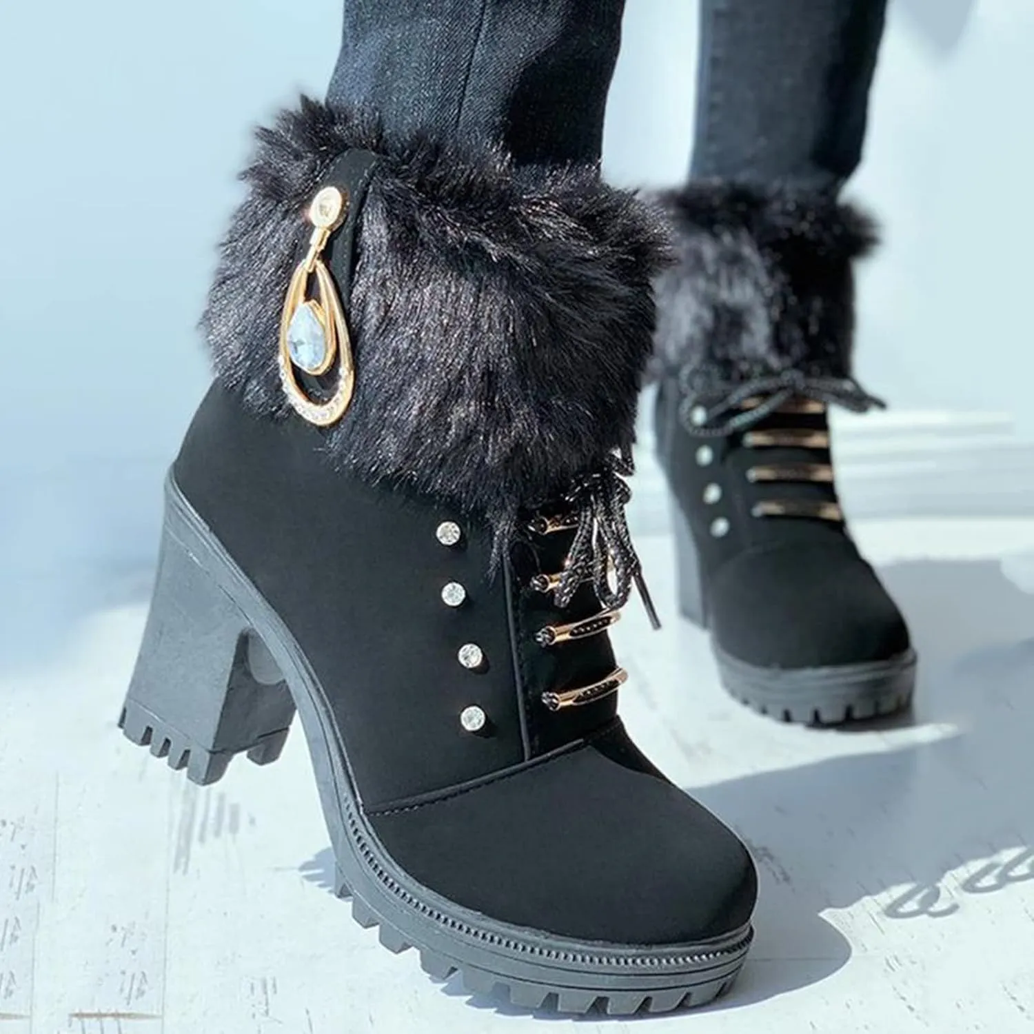 Aniywn Ankle Boots,Women Winter Chunky High Heels Boots Fall Combat Lace Up Booties Platform Shoes