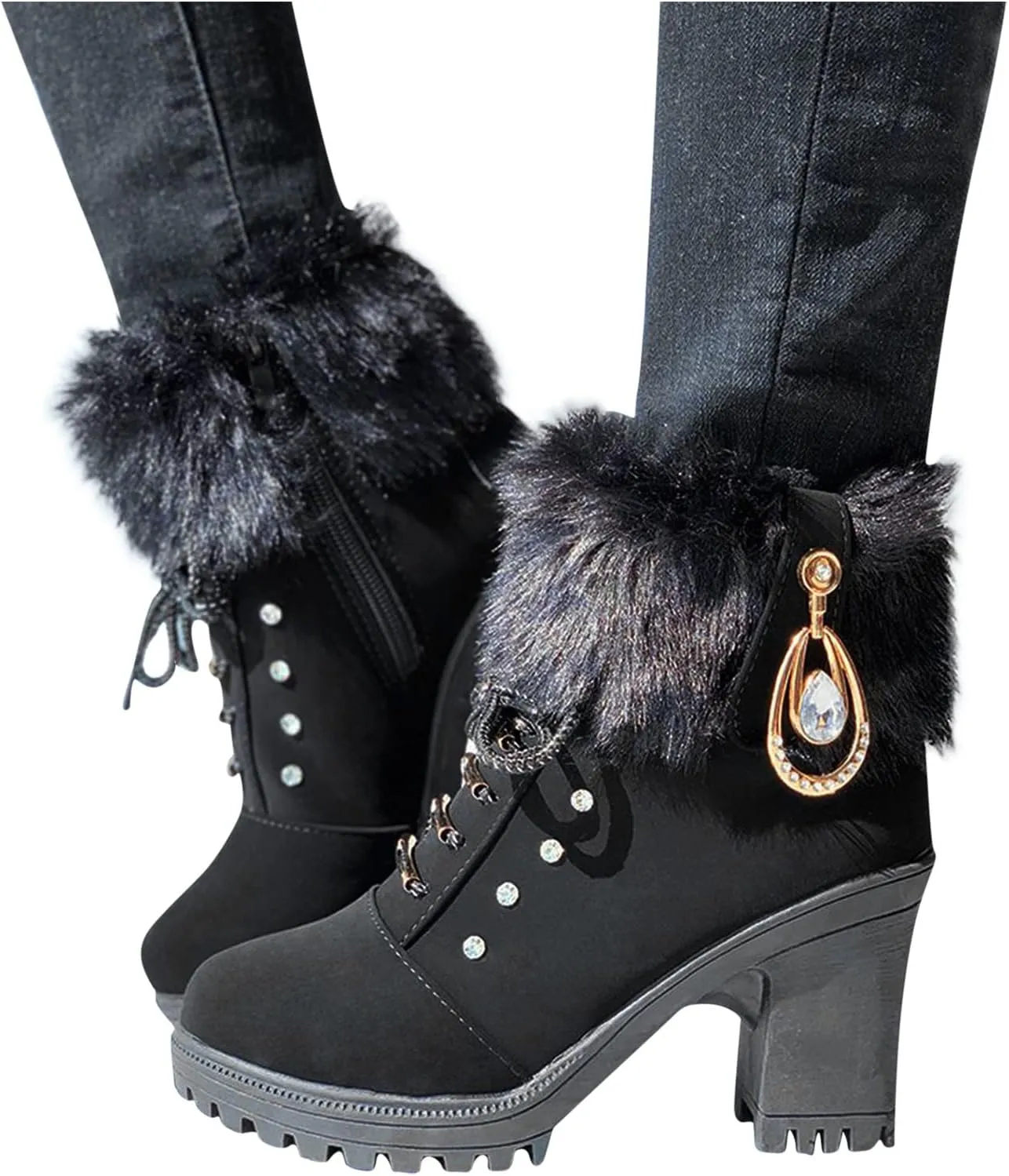 Aniywn Ankle Boots,Women Winter Chunky High Heels Boots Fall Combat Lace Up Booties Platform Shoes