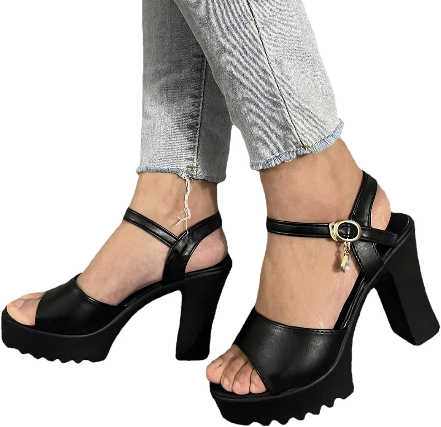 Aniywn Womens Platform Faux Fur Sandals Chunky Heel Open Toe Ankle Strap High Heeled Party Dress Pumps Shoes