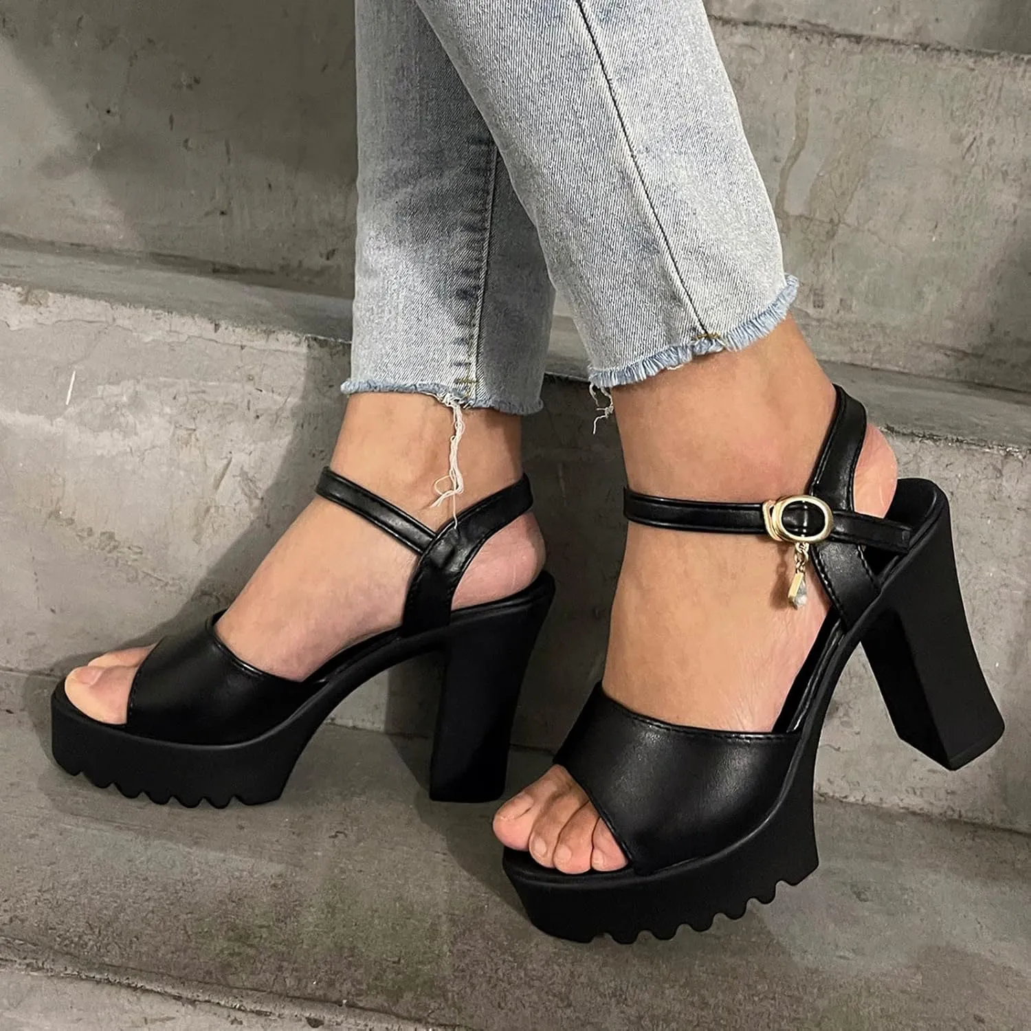 Aniywn Womens Platform Faux Fur Sandals Chunky Heel Open Toe Ankle Strap High Heeled Party Dress Pumps Shoes