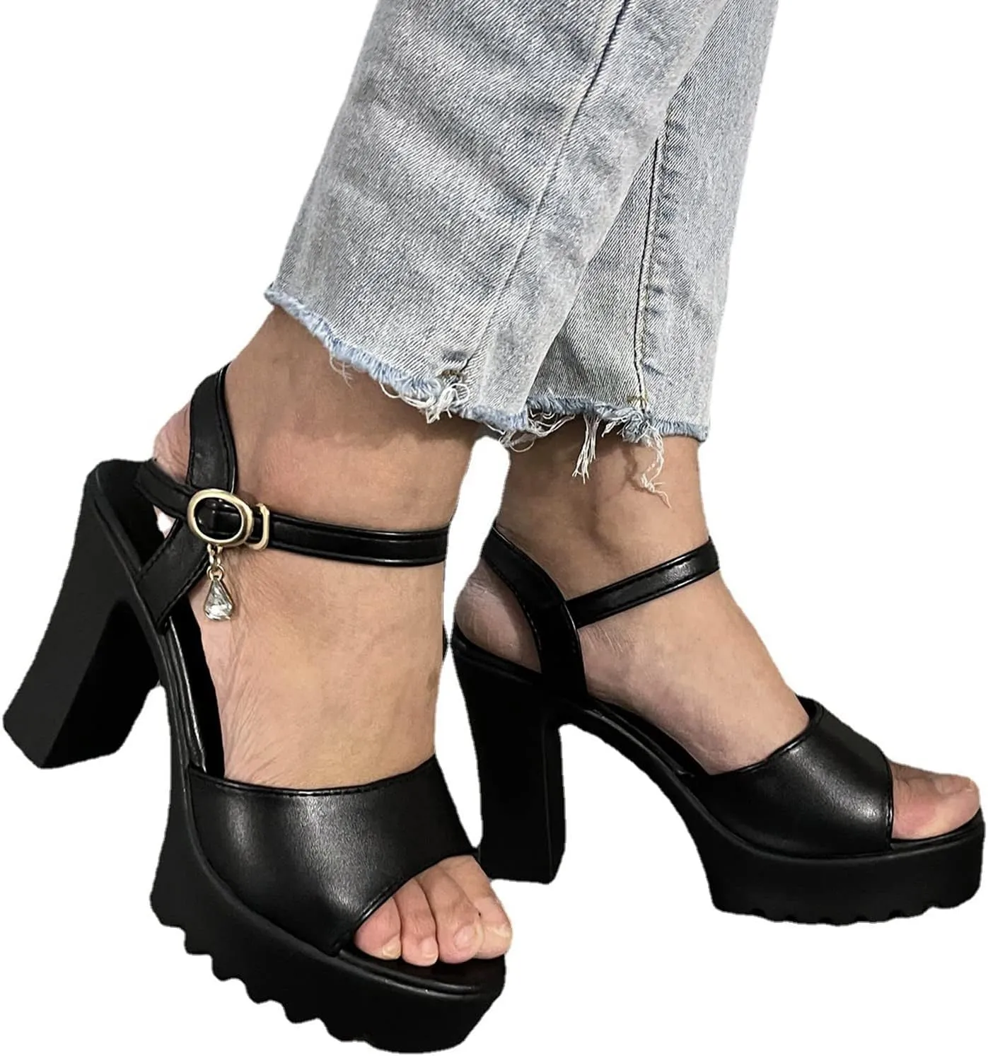 Aniywn Womens Platform Faux Fur Sandals Chunky Heel Open Toe Ankle Strap High Heeled Party Dress Pumps Shoes