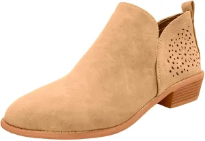 Ankle Boots for Women, Low Heel Cut Out Slip On Short Chunky Stacked Heel Perforated Side V Cut Casual Western Booties