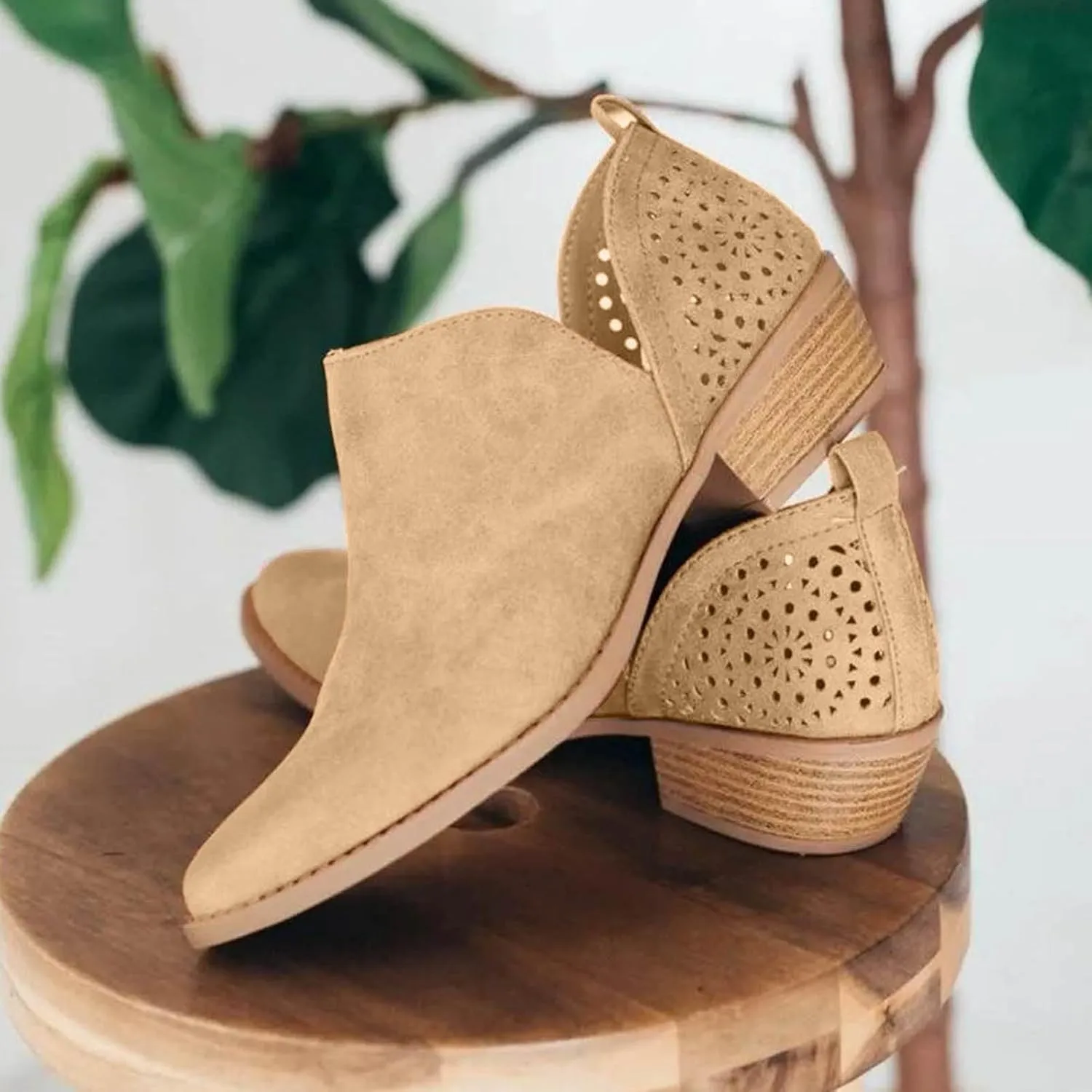 Ankle Boots for Women, Low Heel Cut Out Slip On Short Chunky Stacked Heel Perforated Side V Cut Casual Western Booties