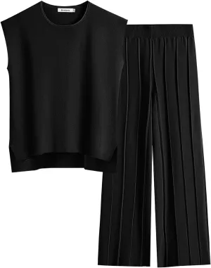 ANRABESS Women 2 Piece Lounge Sets Summer Casual Knit Sweater Vest Pant Set Beach Vacation Airport Outfits Clothes