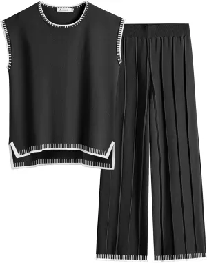 ANRABESS Women 2 Piece Lounge Sets Summer Casual Knit Sweater Vest Pant Set Beach Vacation Airport Outfits Clothes