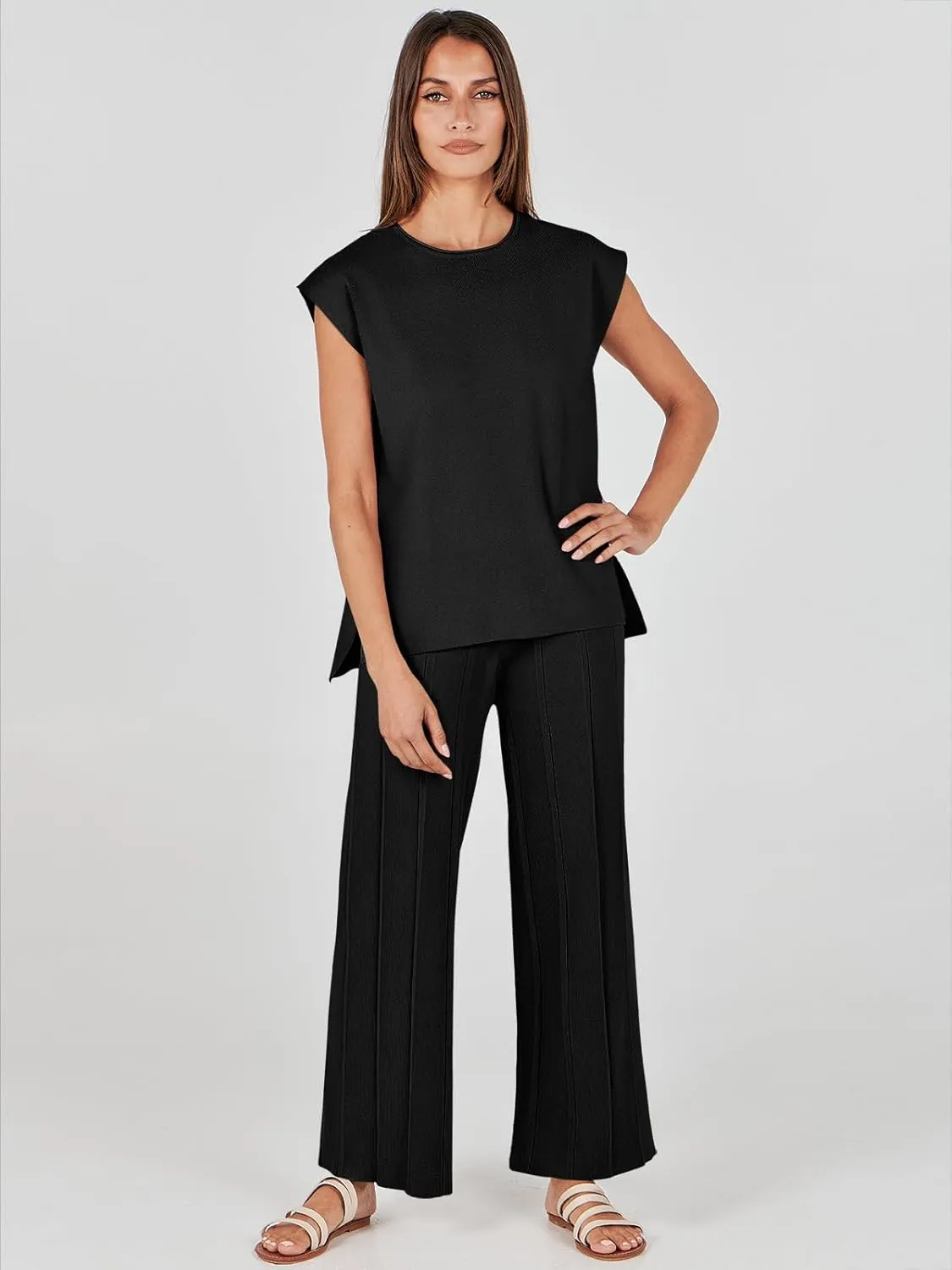 ANRABESS Women 2 Piece Lounge Sets Summer Casual Knit Sweater Vest Pant Set Beach Vacation Airport Outfits Clothes