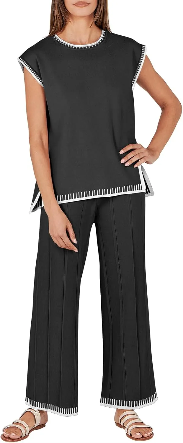 ANRABESS Women 2 Piece Lounge Sets Summer Casual Knit Sweater Vest Pant Set Beach Vacation Airport Outfits Clothes