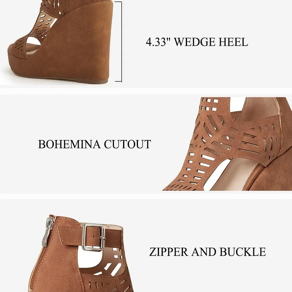 AOSPHIRAYLIAN Wedge Sandals for Women Open Toe Cutout Platform Bohemian Sandals High Heel Buckle Ankle Strap Comfy Summer Sandals