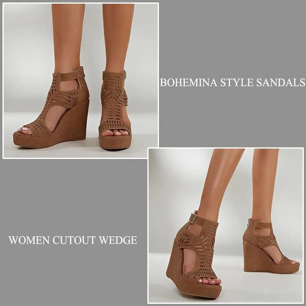 AOSPHIRAYLIAN Wedge Sandals for Women Open Toe Cutout Platform Bohemian Sandals High Heel Buckle Ankle Strap Comfy Summer Sandals