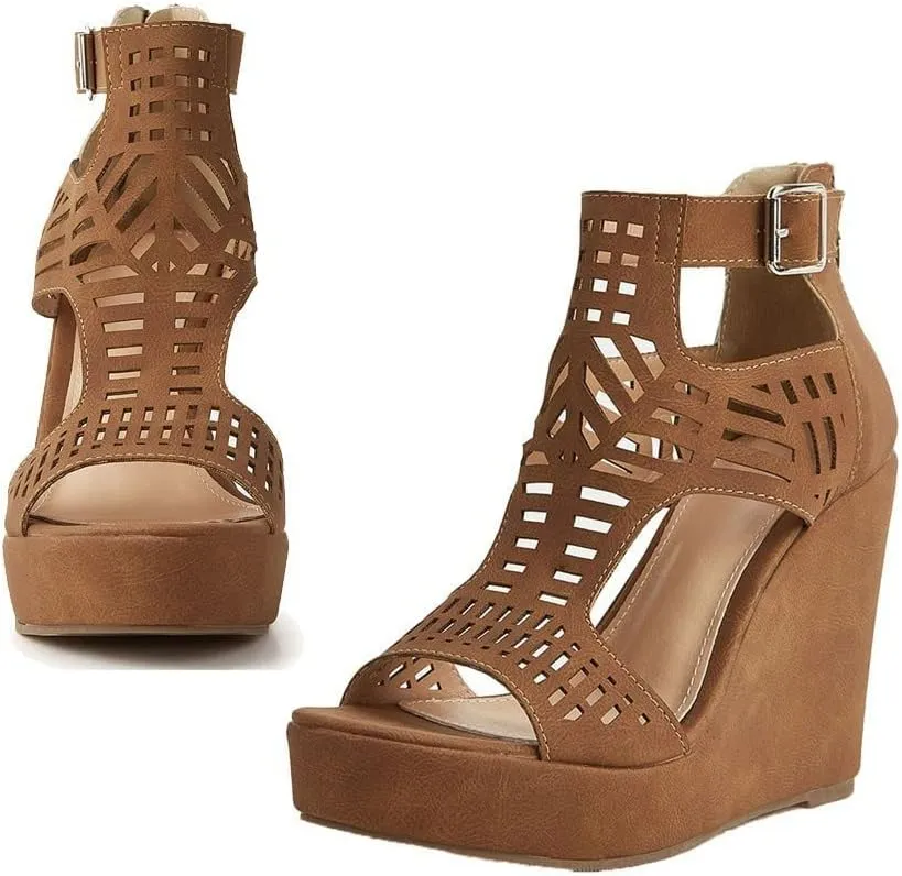 AOSPHIRAYLIAN Wedge Sandals for Women Open Toe Cutout Platform Bohemian Sandals High Heel Buckle Ankle Strap Comfy Summer Sandals