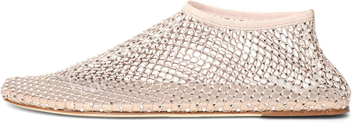 Arqa Crystals Mesh Flats for Women Rhinestone-Embellished Fishnet Sock Ballet Flat Shoes Comfort Casual Ballerina Shoes