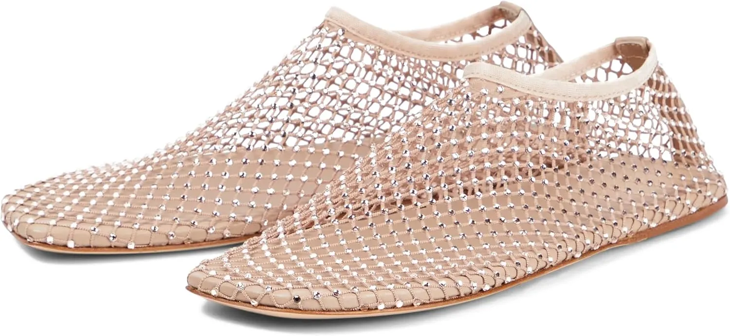 Arqa Crystals Mesh Flats for Women Rhinestone-Embellished Fishnet Sock Ballet Flat Shoes Comfort Casual Ballerina Shoes