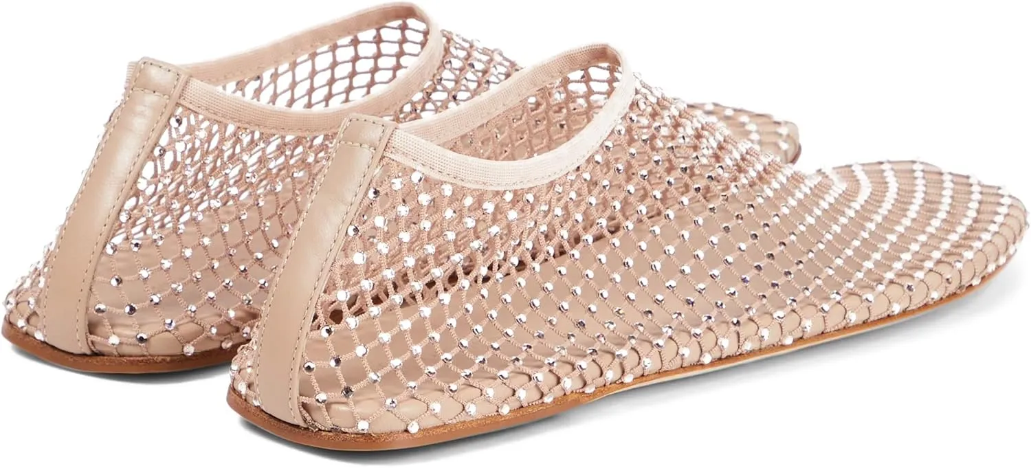 Arqa Crystals Mesh Flats for Women Rhinestone-Embellished Fishnet Sock Ballet Flat Shoes Comfort Casual Ballerina Shoes