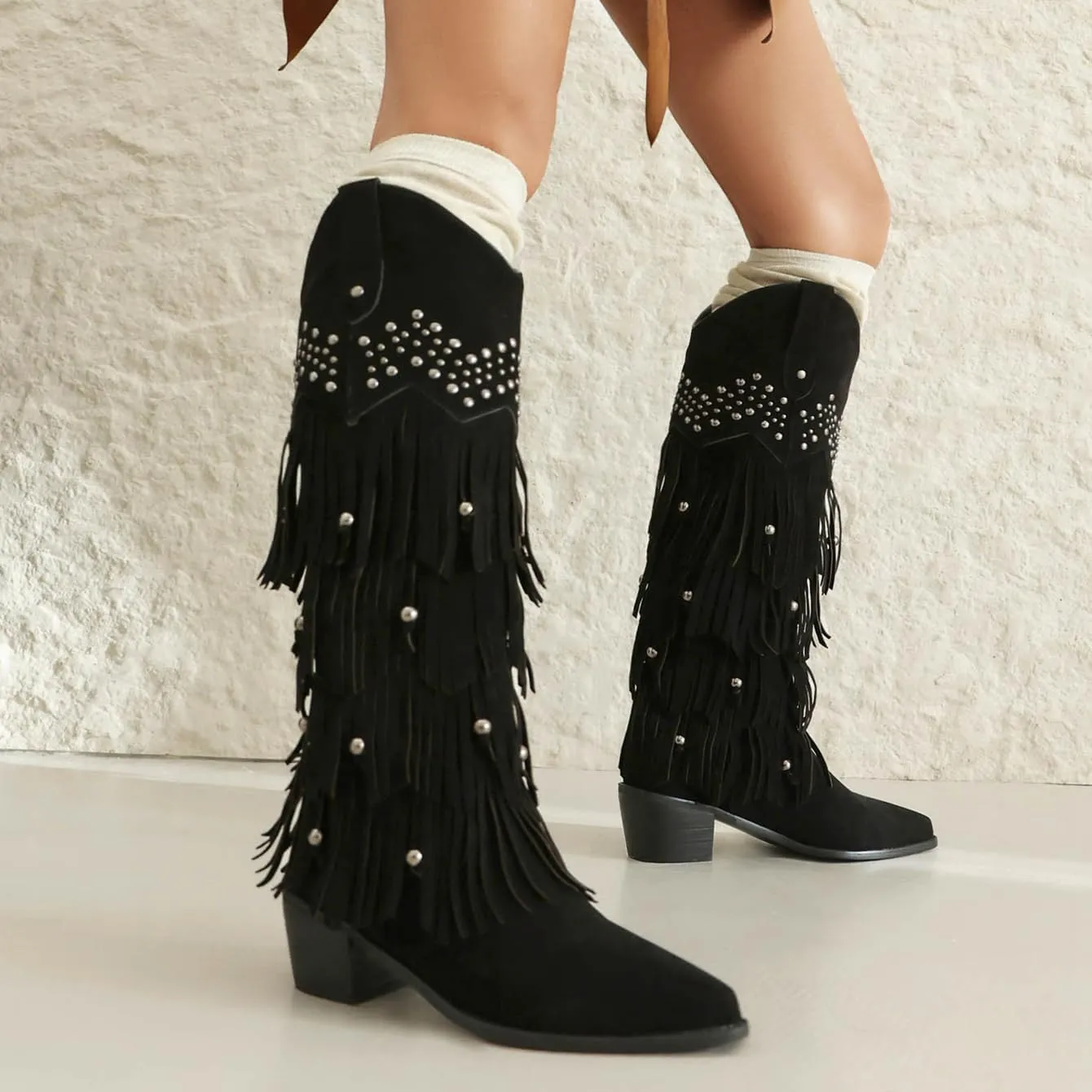 Arqa Women's Fringe Suede Knee High Boots Block Heel Western Cowboy Boot Wide Calf Pull-on Cowgirl Boot with Rivets