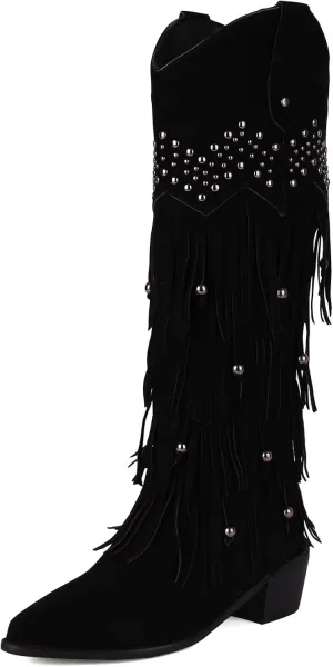 Arqa Women's Fringe Suede Knee High Boots Block Heel Western Cowboy Boot Wide Calf Pull-on Cowgirl Boot with Rivets