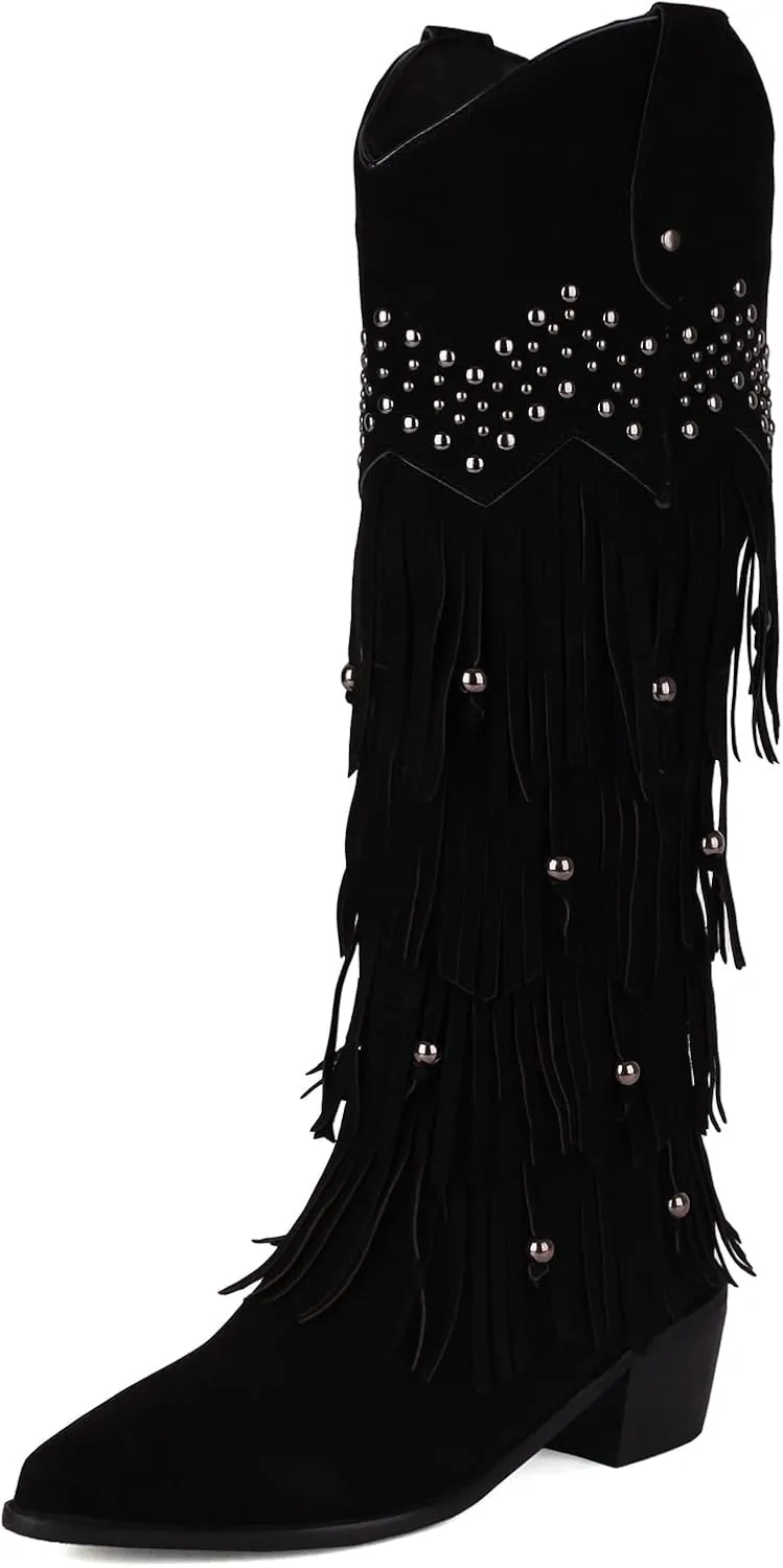 Arqa Women's Fringe Suede Knee High Boots Block Heel Western Cowboy Boot Wide Calf Pull-on Cowgirl Boot with Rivets