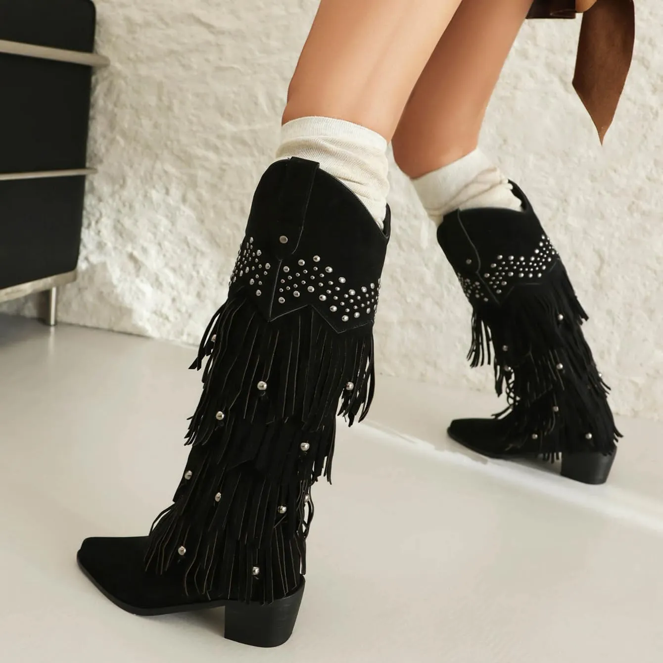 Arqa Women's Fringe Suede Knee High Boots Block Heel Western Cowboy Boot Wide Calf Pull-on Cowgirl Boot with Rivets