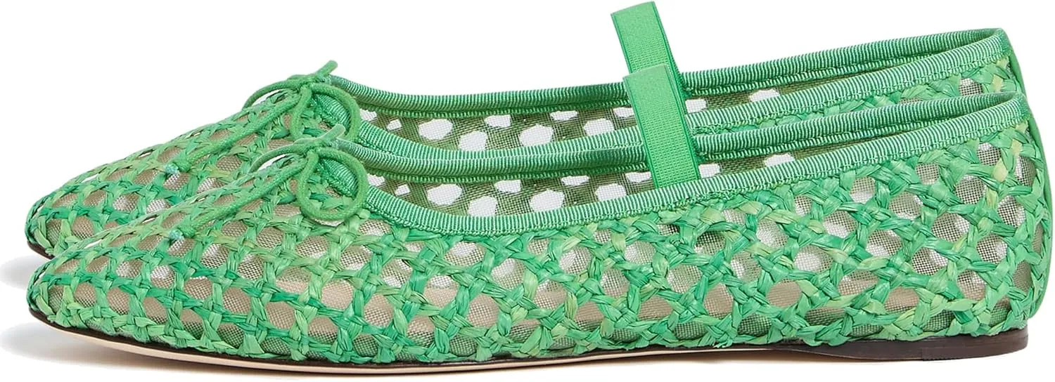 Arqa Women's Raffia Soft Ballet Flats Bow Tie Mesh Ballerina Shoes for Women Elastic Strap Braided Mary Jane Flat
