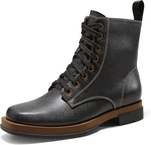 Arromic Black Ankle Boots Women's Lace-up Combat Boots with Side Zipper Square Toe Low Heel Fashion Booties