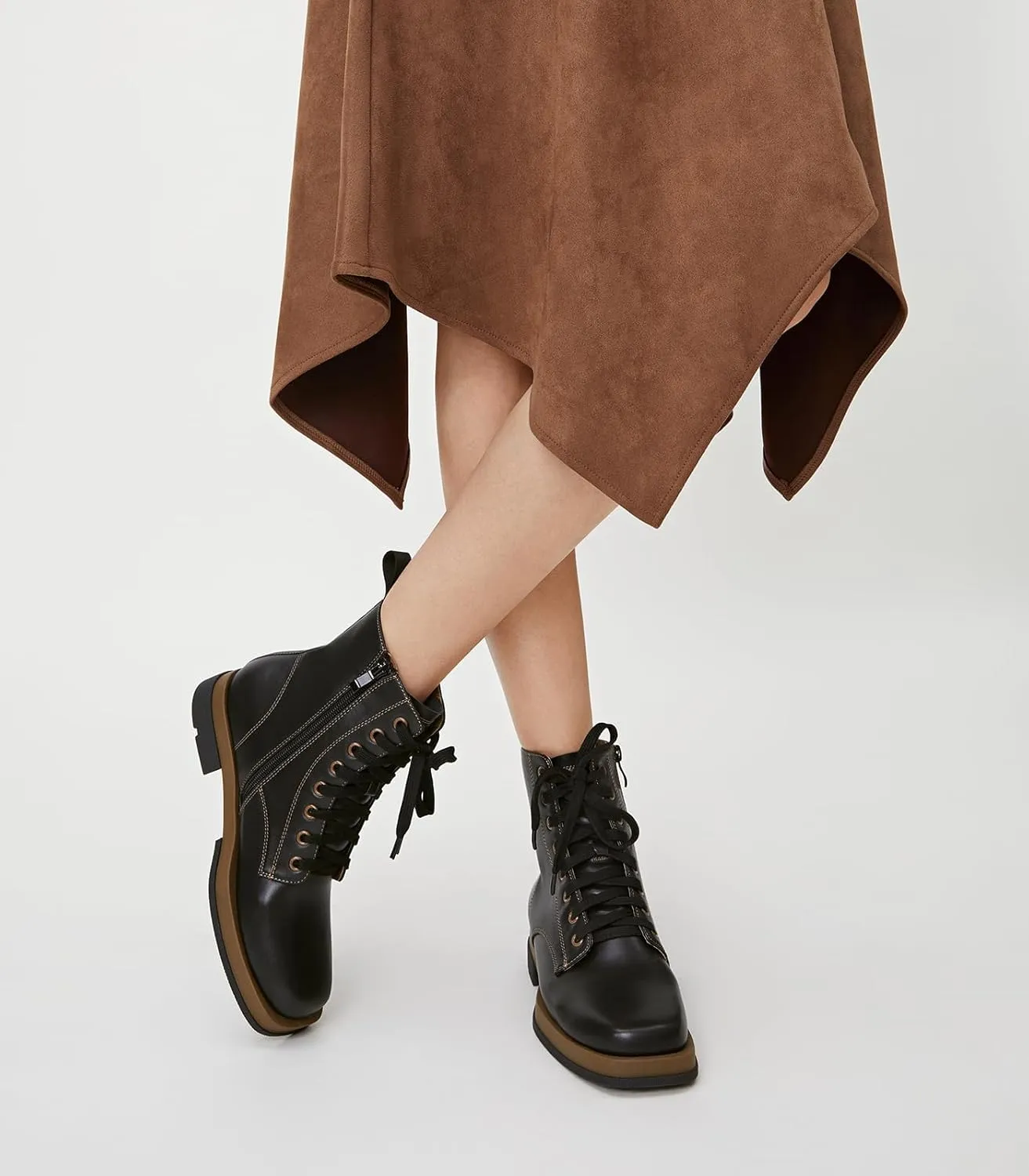 Arromic Black Ankle Boots Women's Lace-up Combat Boots with Side Zipper Square Toe Low Heel Fashion Booties