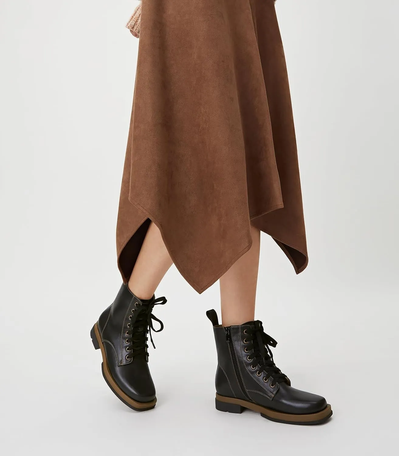 Arromic Black Ankle Boots Women's Lace-up Combat Boots with Side Zipper Square Toe Low Heel Fashion Booties
