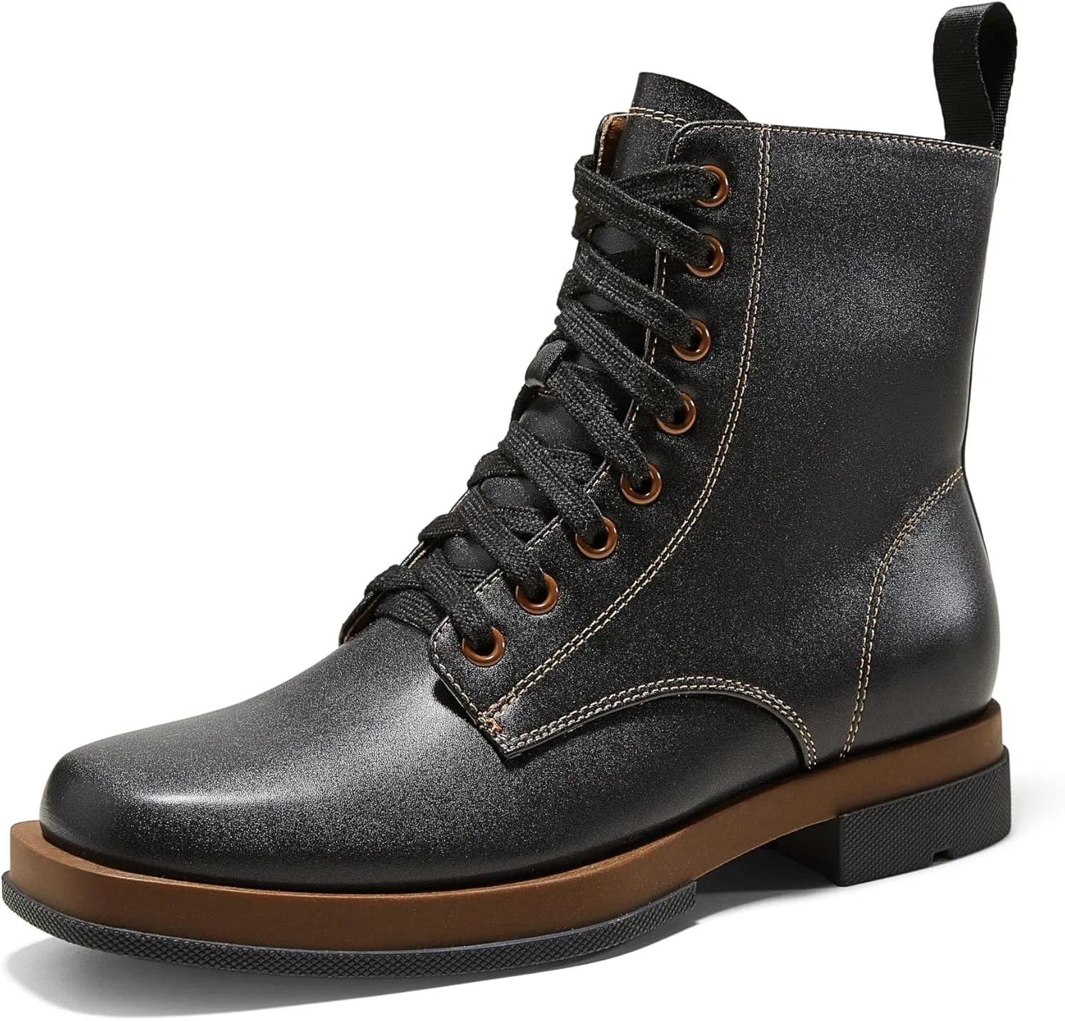 Arromic Black Ankle Boots Women's Lace-up Combat Boots with Side Zipper Square Toe Low Heel Fashion Booties