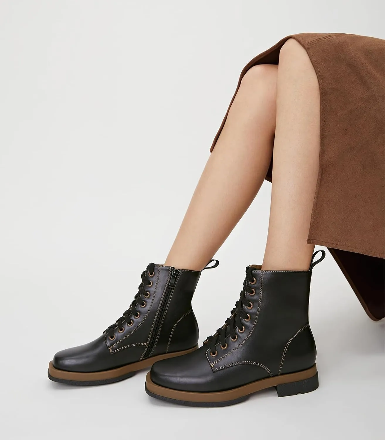 Arromic Black Ankle Boots Women's Lace-up Combat Boots with Side Zipper Square Toe Low Heel Fashion Booties