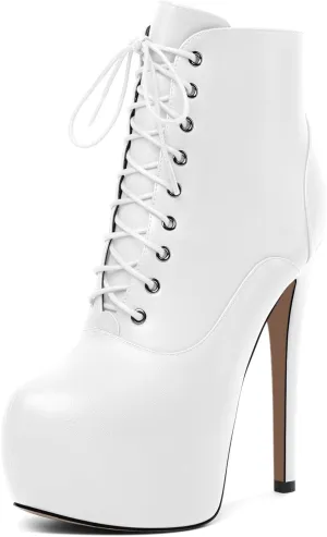 AUMOTED Women's Ankle Boots Platform Round Toe Combat Boots Stiletto High Heel Booties Sexy Fashion 6.3" Lace Up Zipper Warm Short Boots
