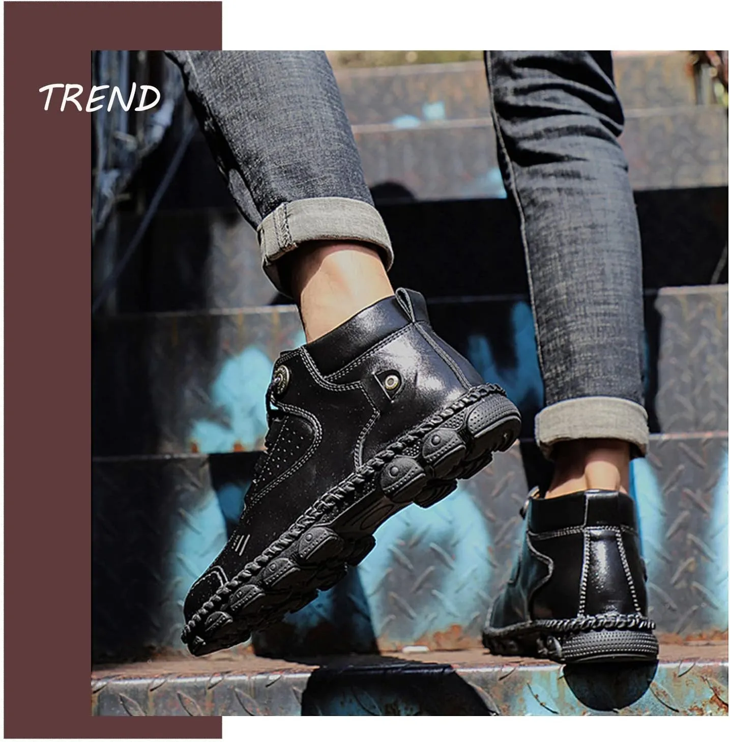 AUNTHUI Men'S Cowhide Hand-Stitched Chukka Loafers,Lace-Up Non-Slip Comfortable Soft Sole Outdoor Hiking Retro Ankle Boots