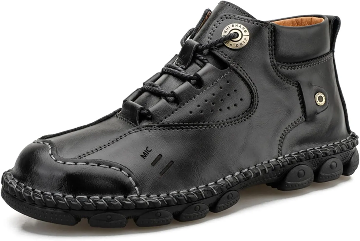 AUNTHUI Men'S Cowhide Hand-Stitched Chukka Loafers,Lace-Up Non-Slip Comfortable Soft Sole Outdoor Hiking Retro Ankle Boots