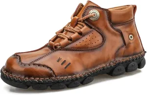 AUNTHUI Men'S Cowhide Hand-Stitched Chukka Loafers,Lace-Up Non-Slip Comfortable Soft Sole Outdoor Hiking Retro Ankle Boots