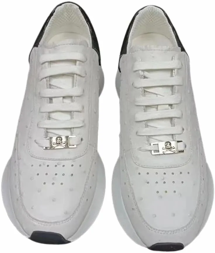 Authentic Ostrich Skin All-Match Black White Color Unisex Men Casual Lace-up Sneakers Genuine Exotic Leather Male Outdoor Shoes